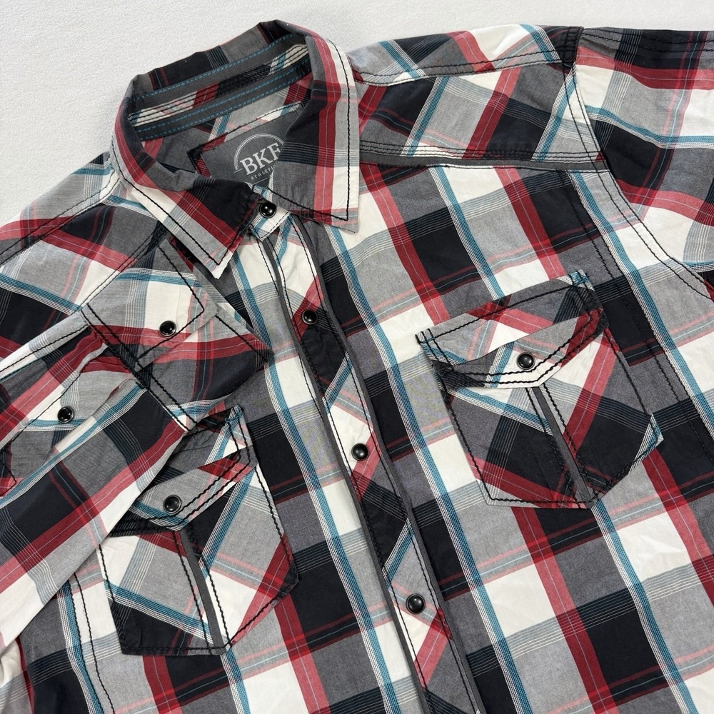 BKE Shirt Mens Large Black‎ Red White Athletic Fit Pearl Snap Western Plaid